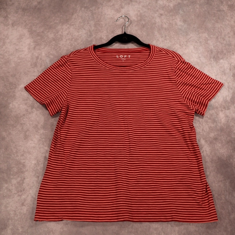 LOFT Striped Short Sleeve Tee Women's Large Pink Burgundy Soft Casual Top Shirt